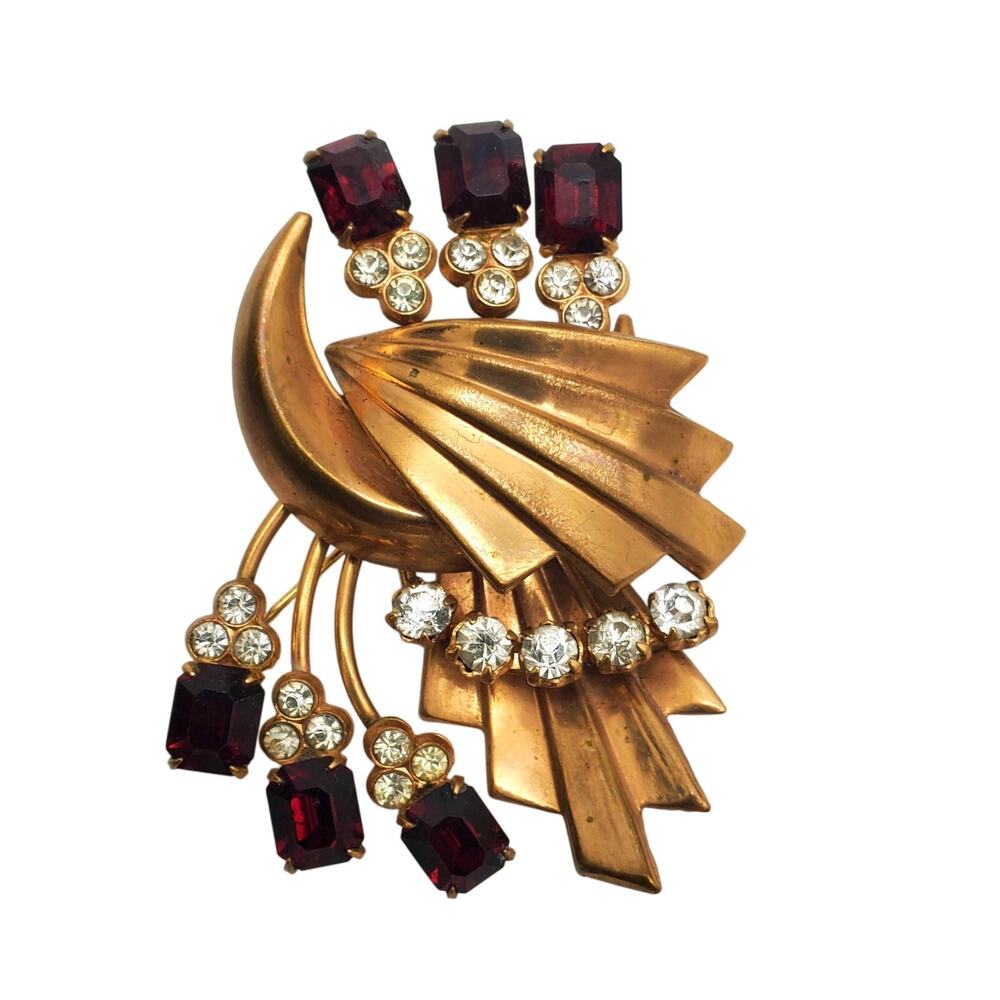 Gold Spray Brooch Ruby Red Clear Rhinestones Fan Pin Art Deco Retro Vintage 40s